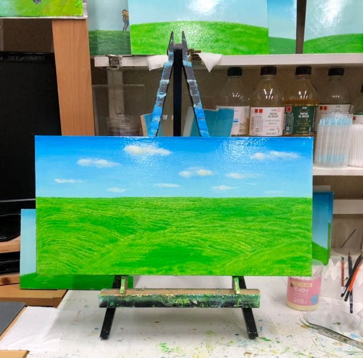 風景　草原　油画　絵画　油彩　立体キャンバス　原画　オリジナル