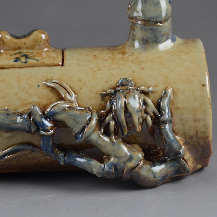 陶器て彫刻竹の節梁を持ちます壺茶壺徳利の置物  現代工芸品  美術品 置物