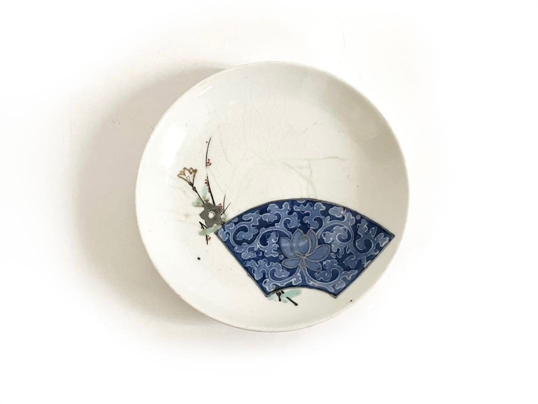 骨董 アンティーク 藍九谷 古九谷金銀彩 蛸唐草扇文 丸皿 五寸