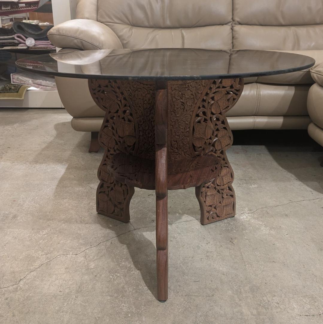 専用ページ 木彫りガラス テーブル 彫刻 天板ガラス 丸テーブル サイド