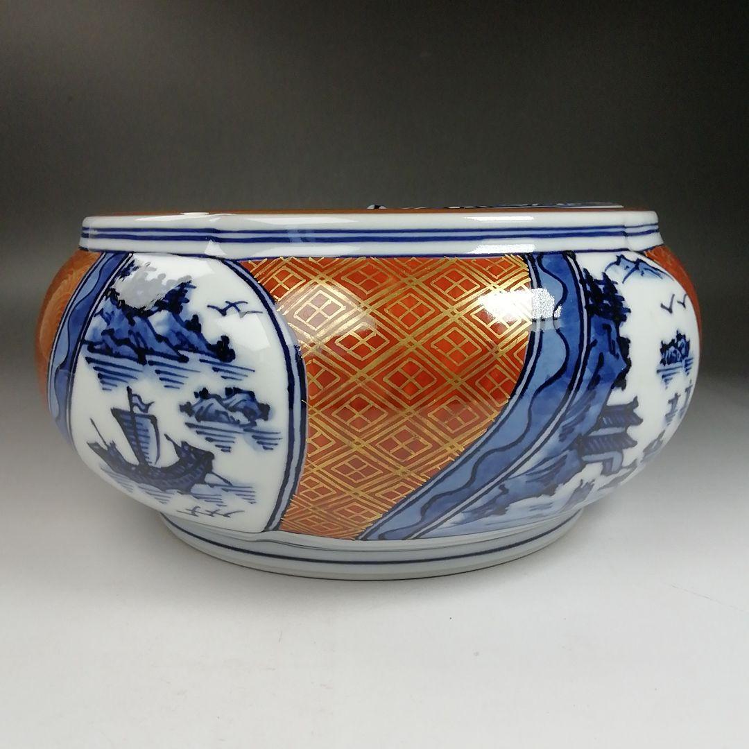 Ｗ１１６　水指　『染付　金襴手捻梅』『平安　景雲 造』『塗替蓋付』　共箱　茶道具