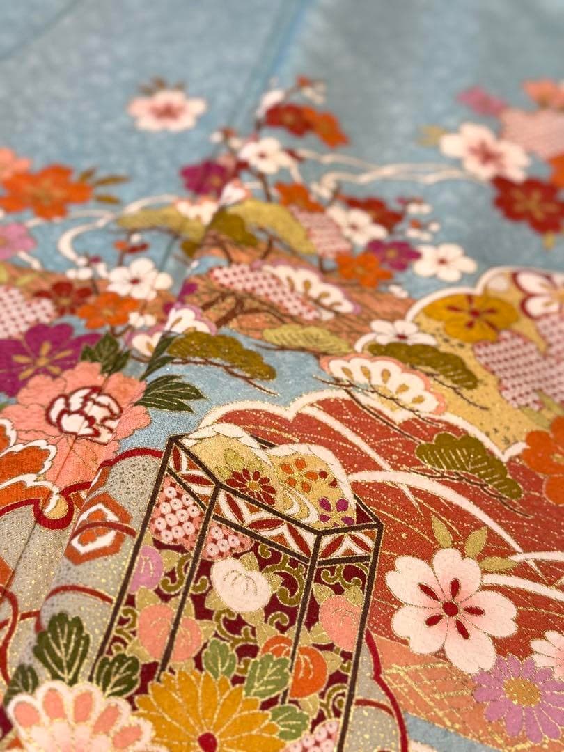 正絹金駒刺繍銀通し貝桶に御所車模様振袖水色古典柄正統派がお好みの方に