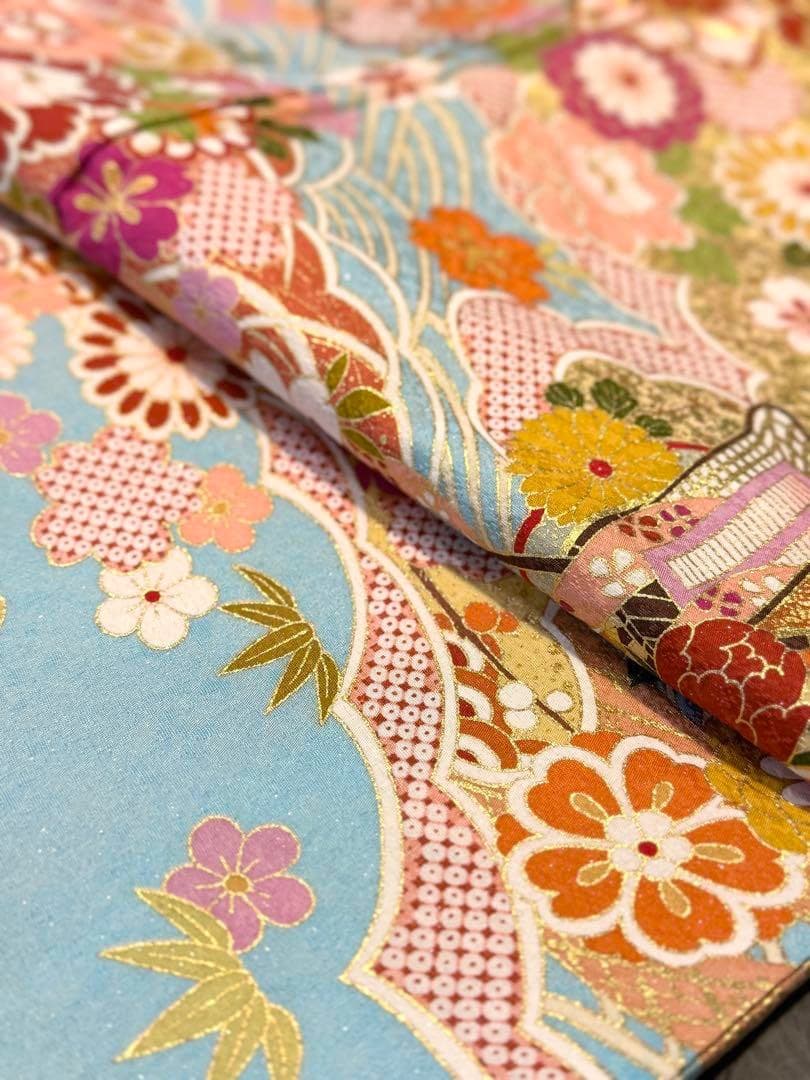 正絹金駒刺繍銀通し貝桶に御所車模様振袖水色古典柄正統派がお好みの方に