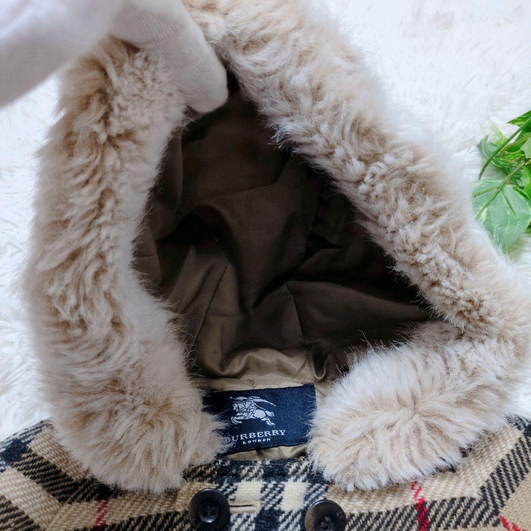 ■希少美品■バーバリー キッズ ピーコート ダブル ノバチェック ファー フード