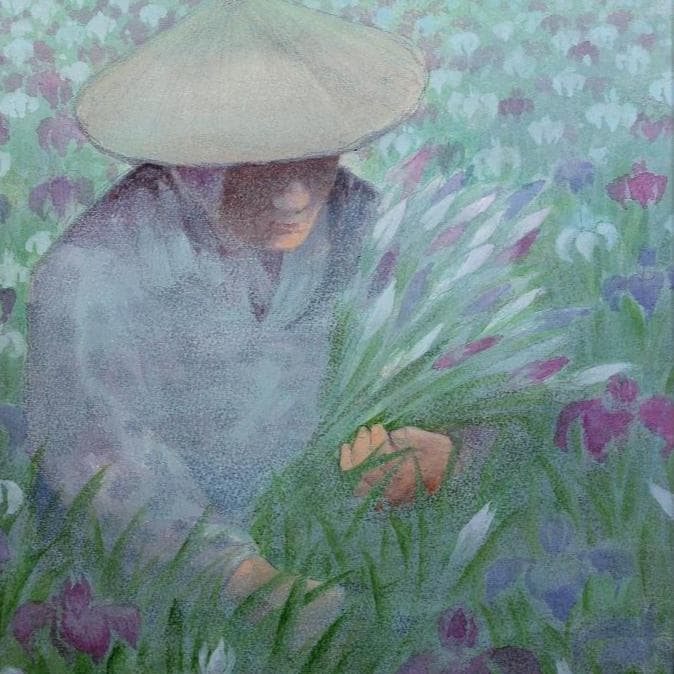 絵画「あやめ摘む」　水彩画