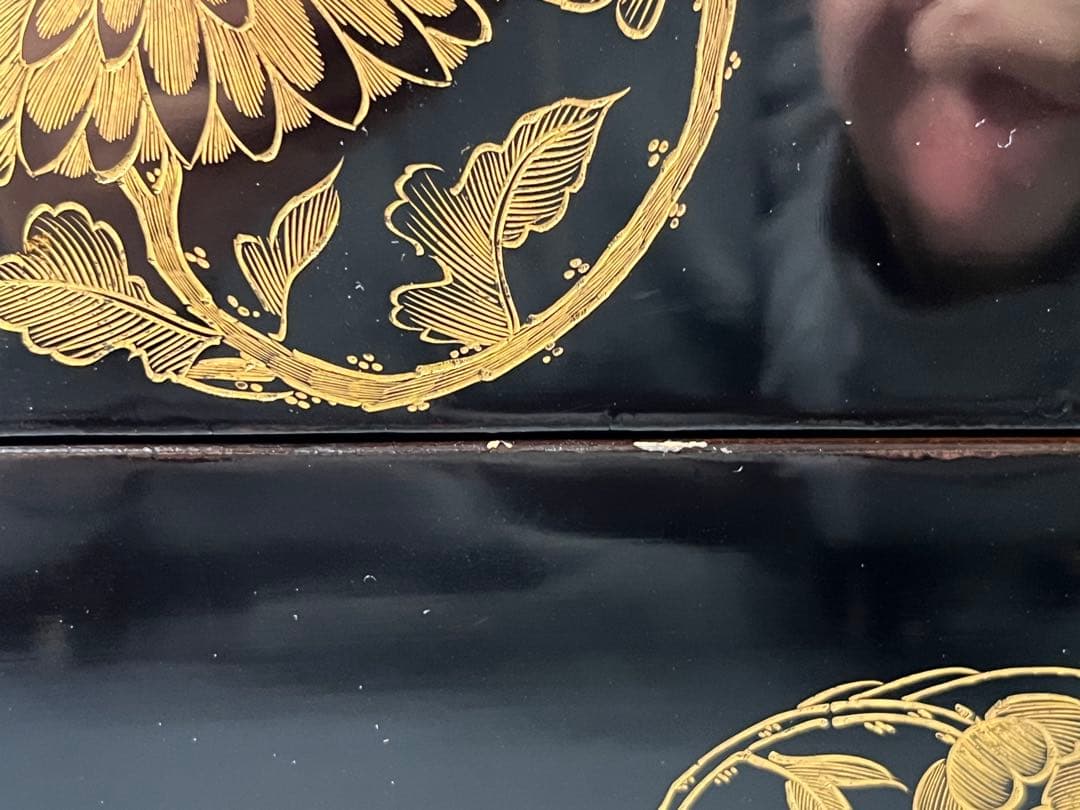 明治三十五年　外黒内朱　沈金蒔絵　五段重箱　木製　大きめ