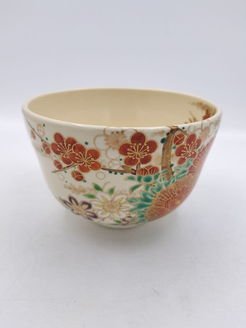c166【新品・未使用】茶碗 色絵 四季草花 南口閑粋 木箱 茶道具 NI7