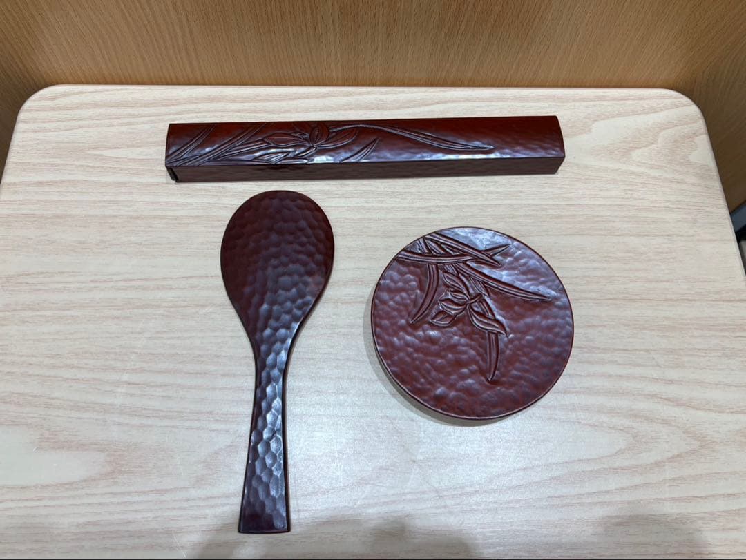 【未使用品】鎌倉彫 まとめセット（しゃもじ・丸皿・箸＋箸箱） 食器 お食い初め