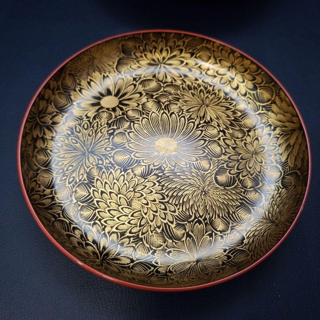 朱漆塗 見返し 総沈金 菊花紋詰 蓋付き 菓子椀 吸物椀 懐石椀 3客