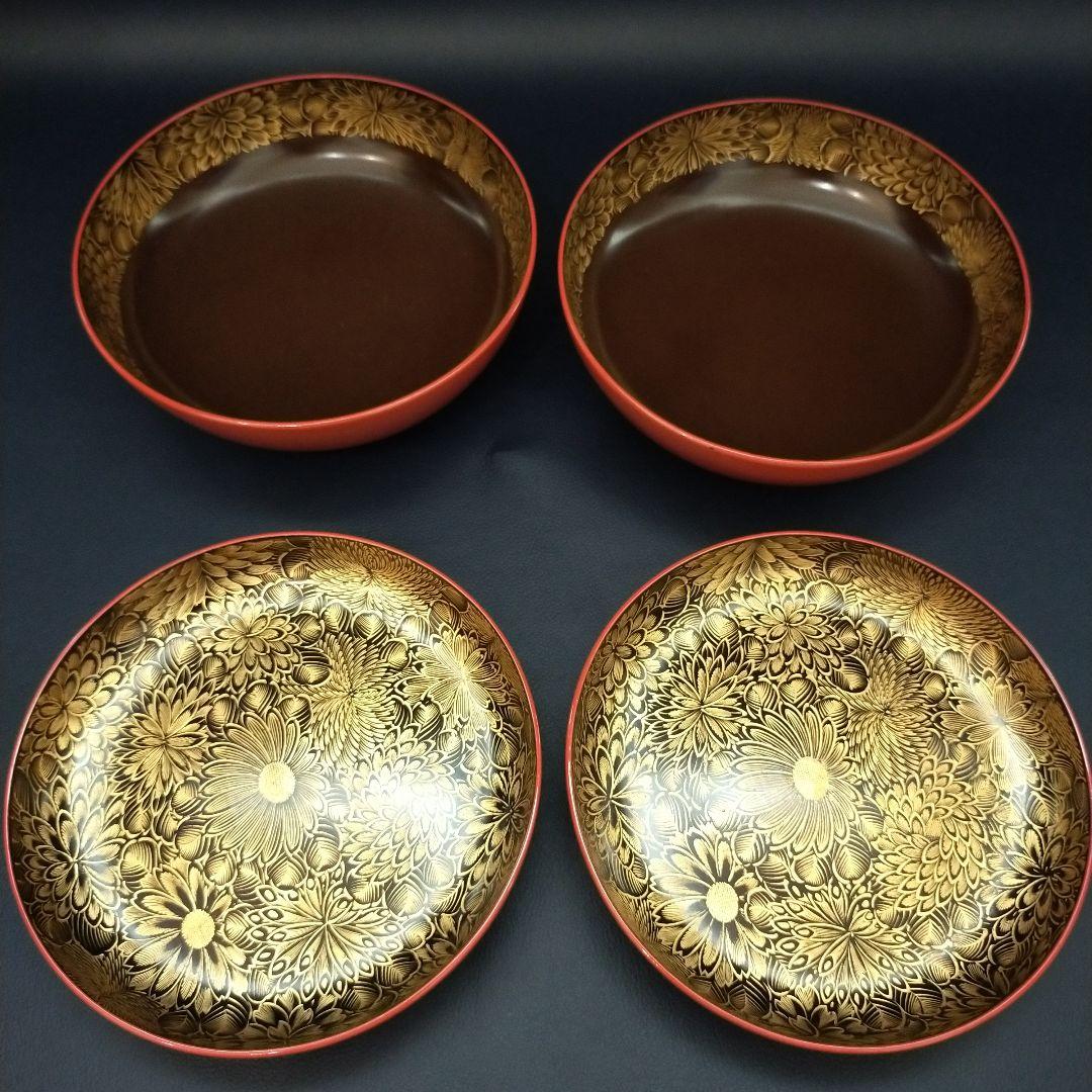 朱漆塗 見返し 総沈金 菊花紋詰 蓋付き 菓子椀 吸物椀 懐石椀 3客