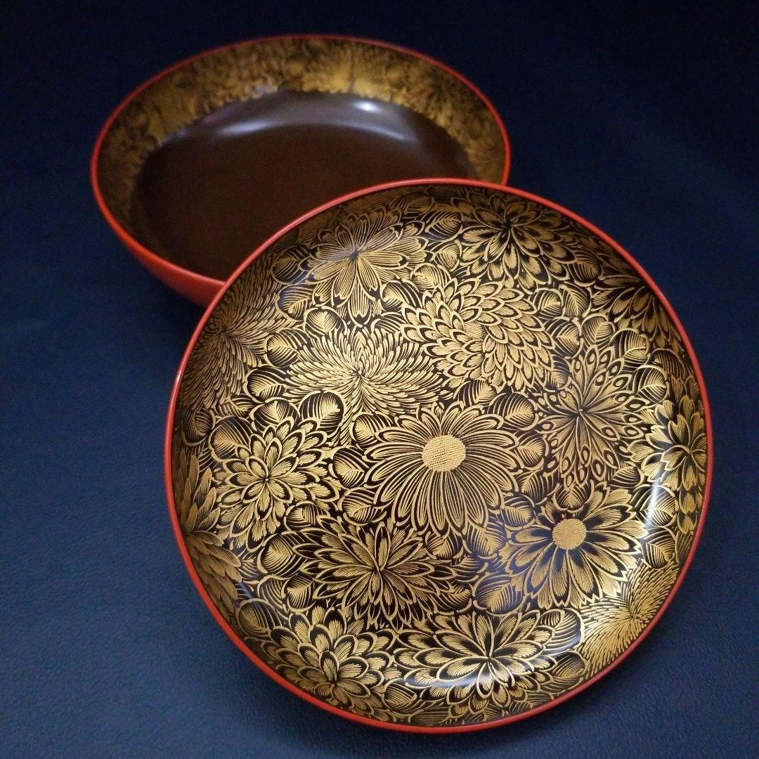 朱漆塗 見返し 総沈金 菊花紋詰 蓋付き 菓子椀 吸物椀 懐石椀 3客