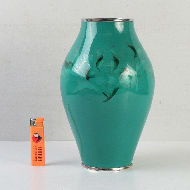 七宝焼 透翡翠釉 花文 花瓶 時代箱 V 9632D