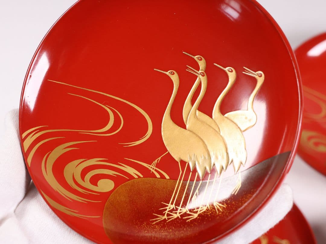 【CM372】時代木製漆器 光琳写 金蒔絵 群鶴図 朱塗 引盃 五客 小皿 杯