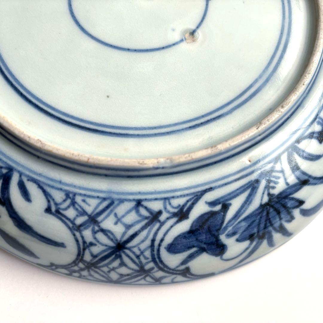 伊万里江戸後期鶴上仙人図富字丸紋牡丹型紙摺り