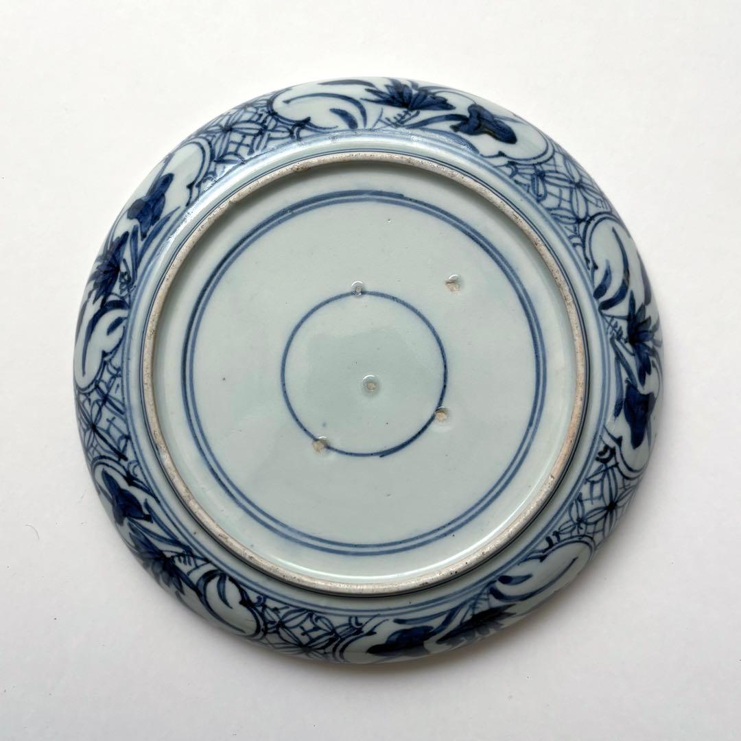 伊万里江戸後期鶴上仙人図富字丸紋牡丹型紙摺り