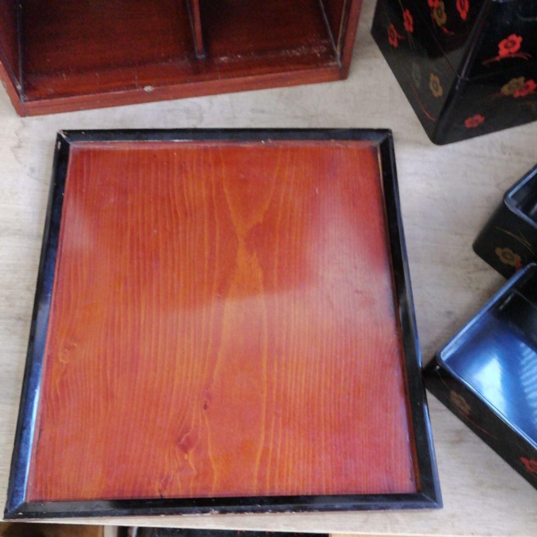 骨董 弁当箱 漆器 木製 重箱 木箱 お盆 セット 松葉に梅