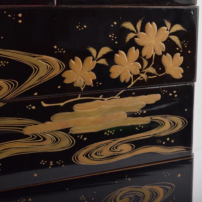 茶道具　黒漆　花草蒔絵　五段重箱　共箱　C　9121