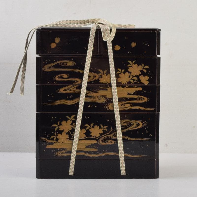 茶道具　黒漆　花草蒔絵　五段重箱　共箱　C　9121