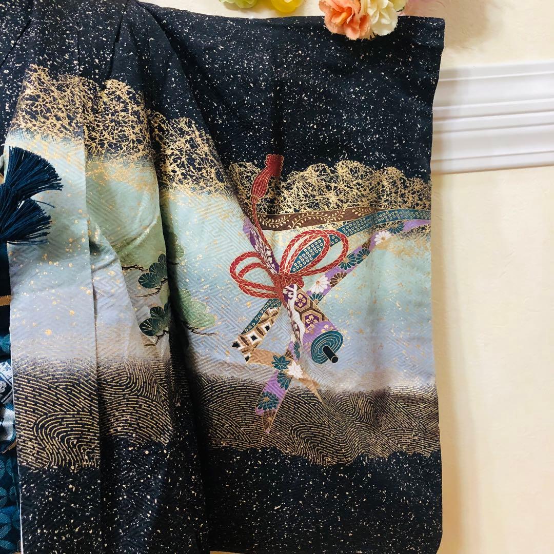 七五三 五歳‼️正絹豪華絢爛黒地金箔ラメキラキラ鷹巻物金彩‼️完全フルセット 揃える