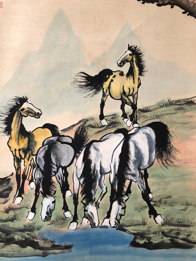 徐悲鸿 馬図 掛け軸 四尺 手描き 中国美術 絵画 書画 馬 人物画 インテリア