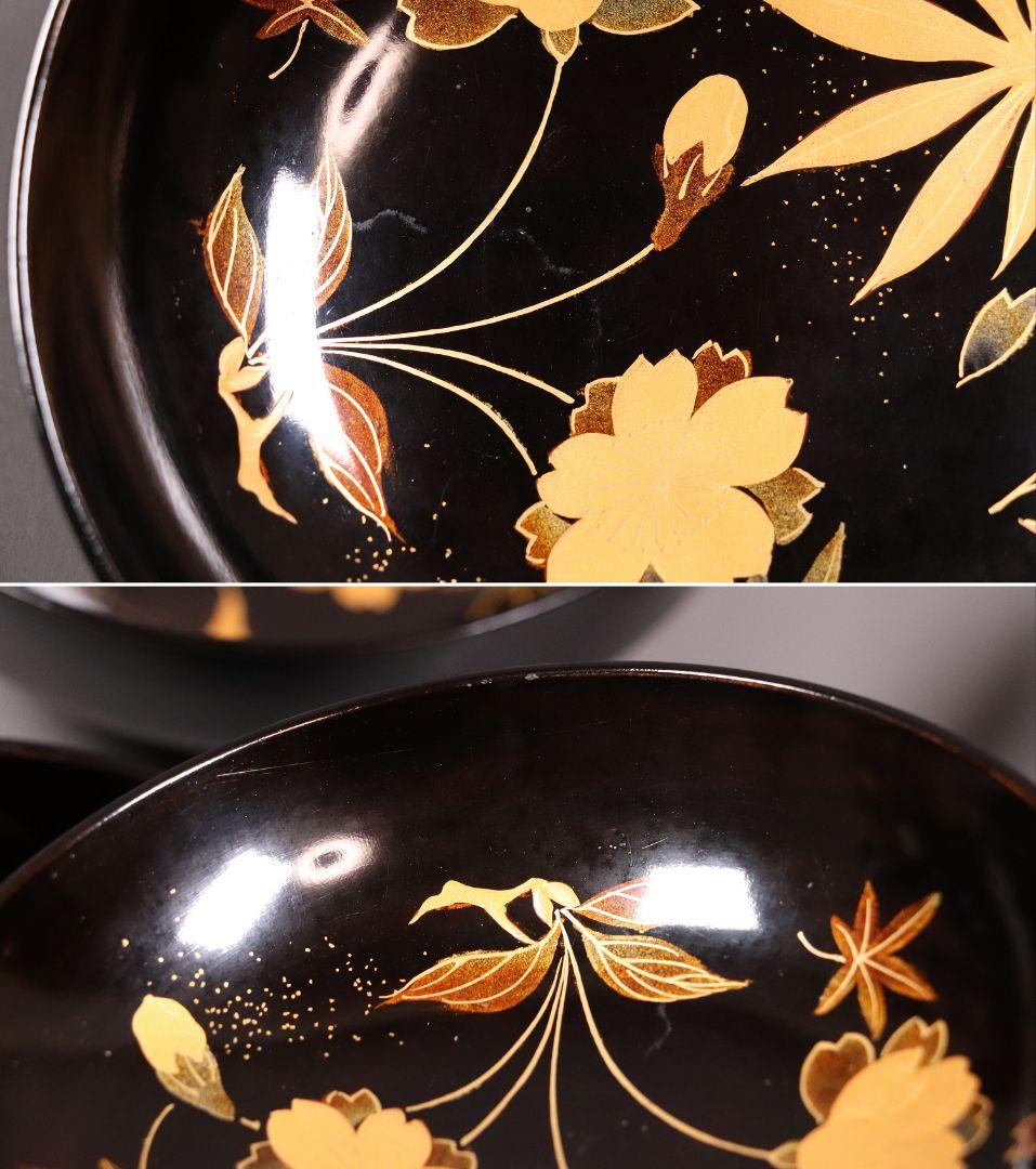時代木製漆器 桜紅葉 黒蒔絵椀 五客 金蒔絵 梨地 漆芸【CL61】