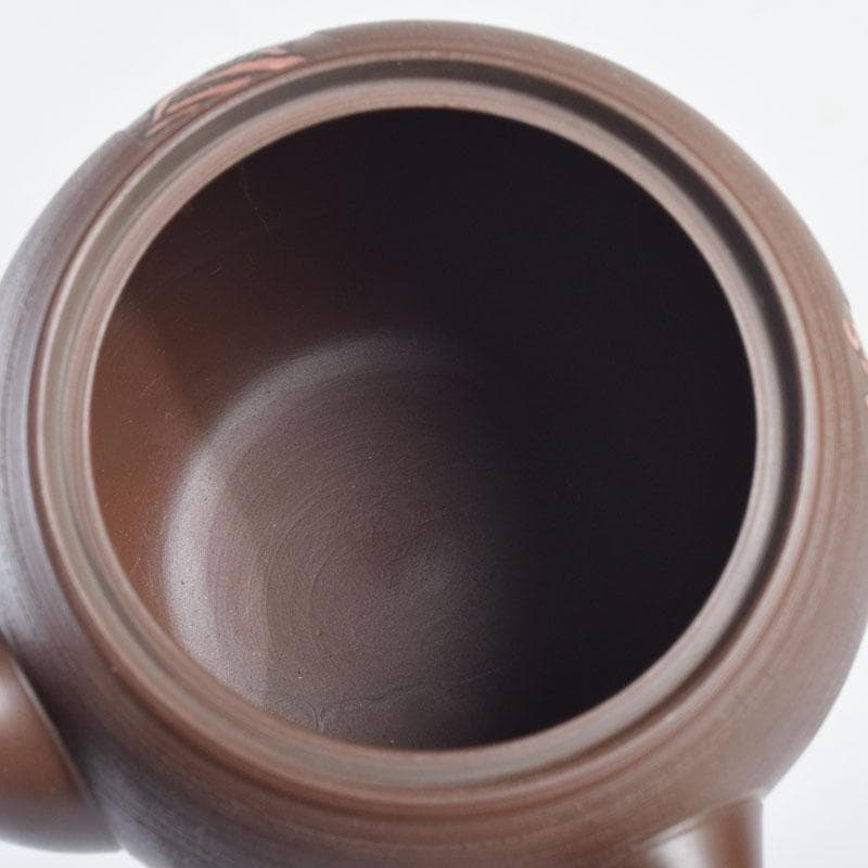 煎茶道具 常滑焼 光松作 朱泥 花草刻 横手急須 V 8655