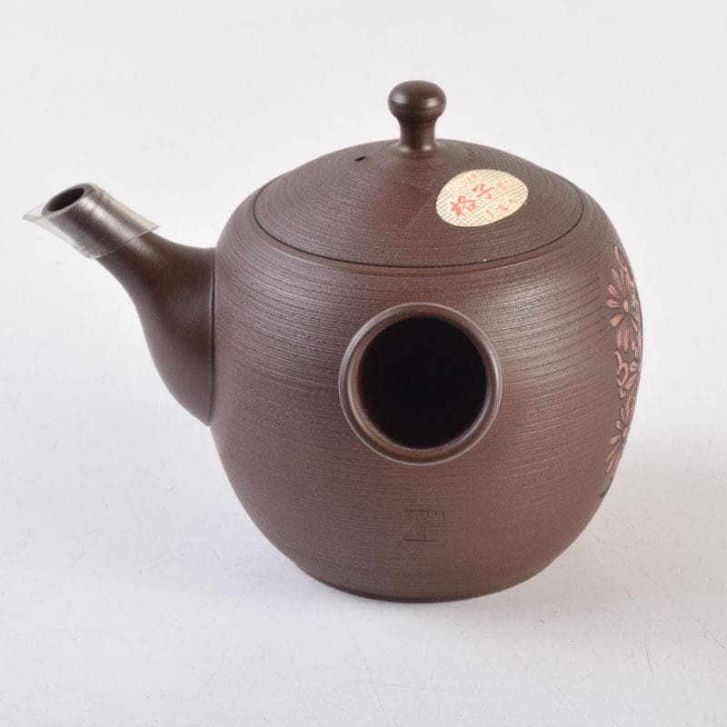 煎茶道具 常滑焼 光松作 朱泥 花草刻 横手急須 V 8655