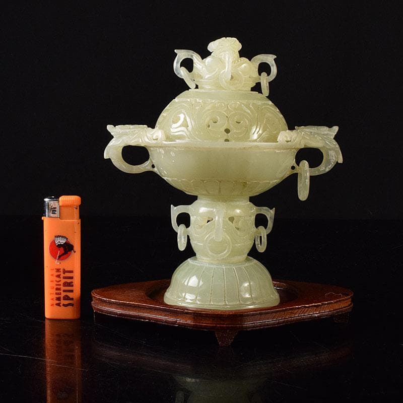 中国 玉石彫刻 雙耳活環 龍鈕蓋爐 塔香炉 唐木台付