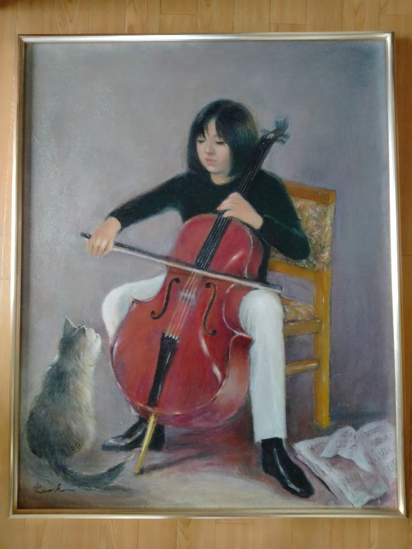 チェロを弾く少女と猫　オリジナル絵画　油彩画　F30号