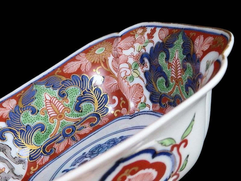 大聖寺伊万里 金襴手 窓絵 牡丹に菊 獅子の図 四方角向付