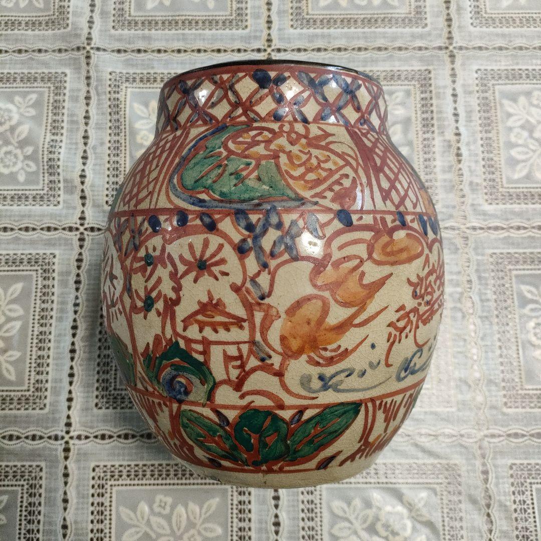 小橋川仁王造 壺屋焼 赤絵壺 花瓶 沖縄