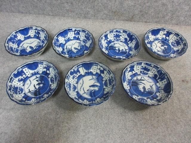 成化年製古伊万里染付芙蓉手花柄なます皿 7枚 [B22690] 成化年製古伊万里染付芙蓉手花柄なます皿 7枚 [B22690] 成化年製古