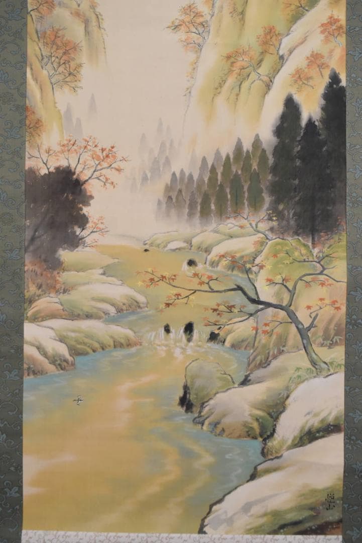 【真作】悦山/秋景山水図/秋山渓水図/掛軸/名家伝来/AA-834