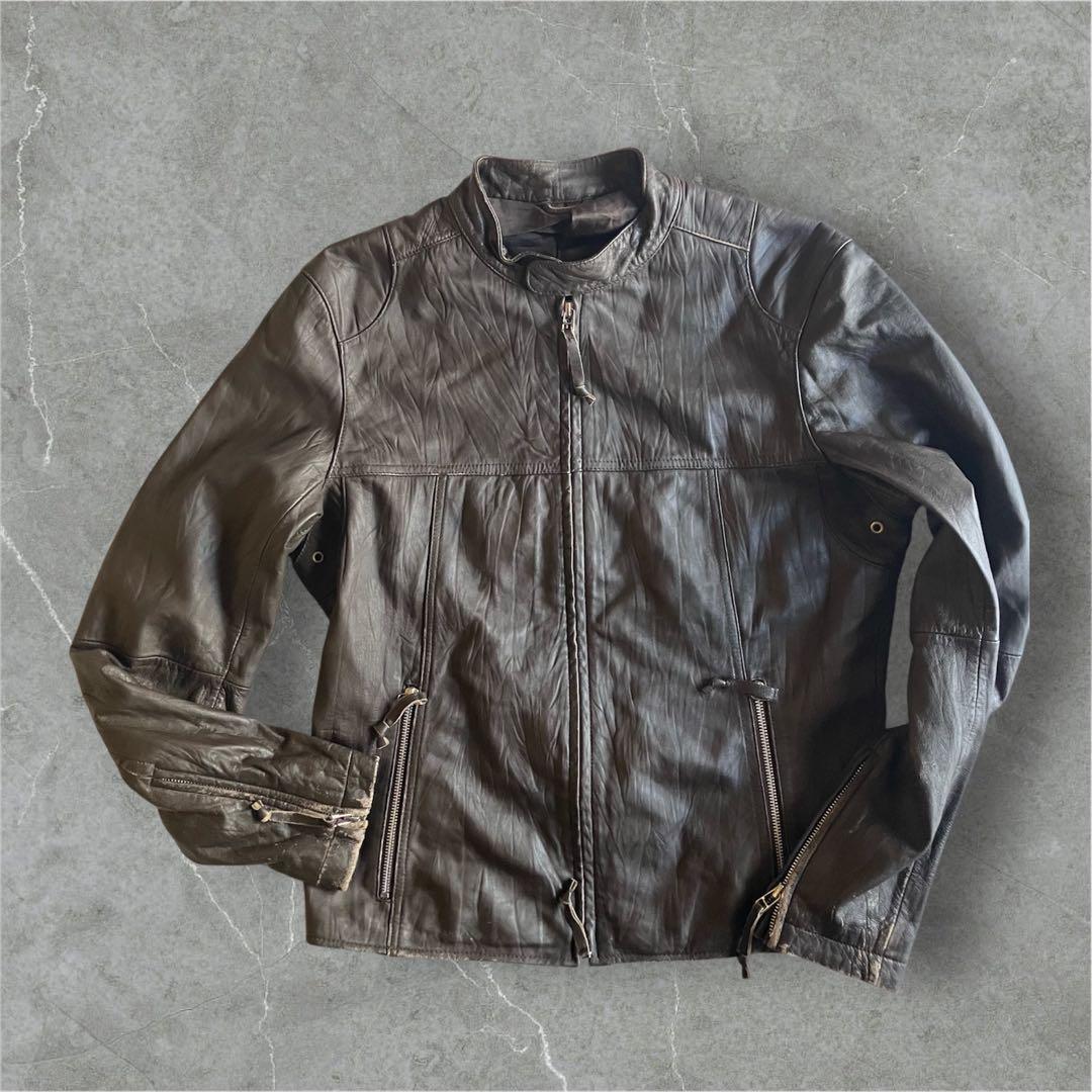 00s archive old uniqlo羊革レザーライダースジャケット 茶 - メルカリ