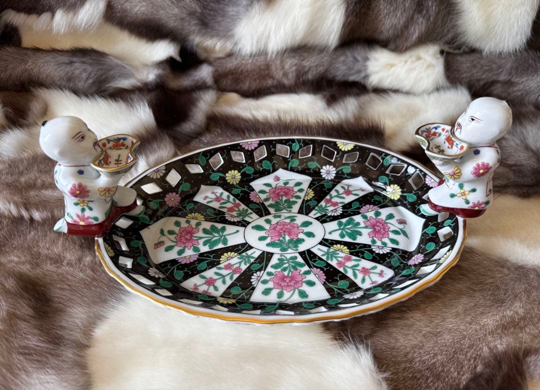 HEREND ヘレンド　西安の黒　29cm透かしディッシュ トレイ　マンダリン