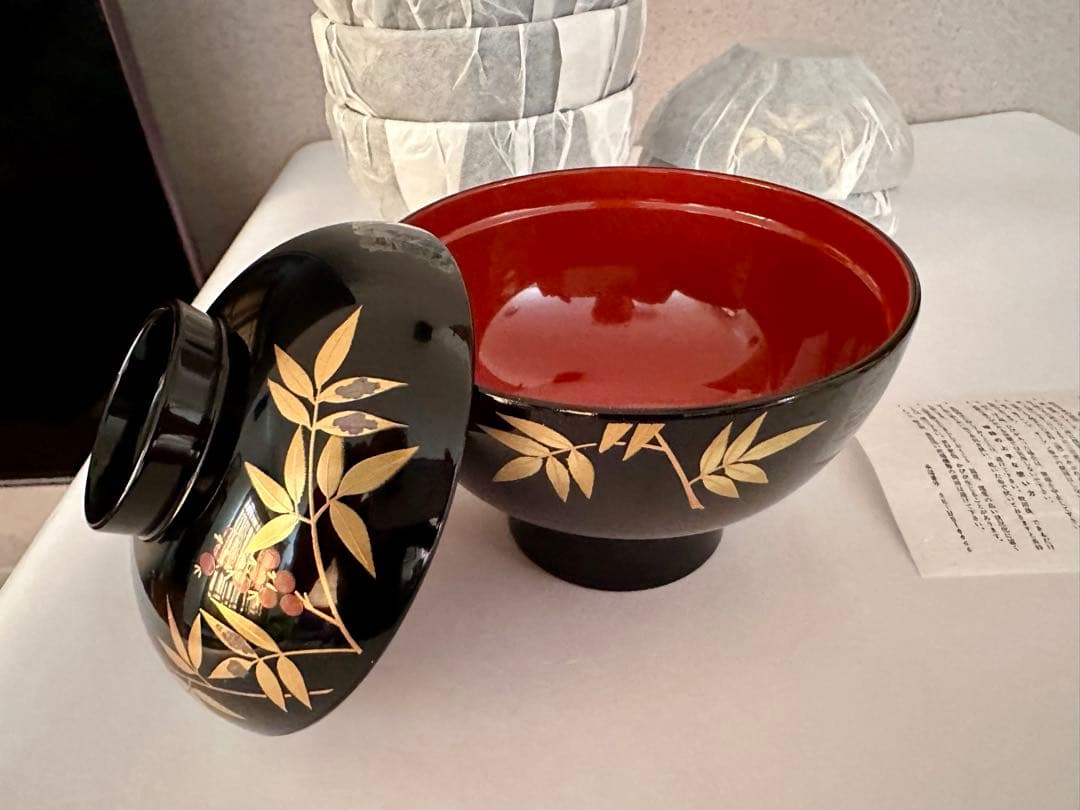 会津塗 木樹 高台 金彩蒔絵 葡萄唐草 吸物椀 雑煮椀 5客 未