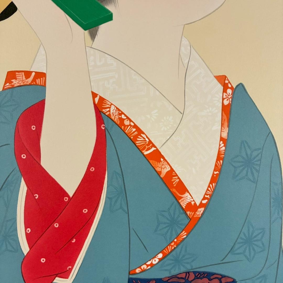 美品 伊東深水「羽子」リトグラフ 印章有 美人画 額縁入り 日本画家
