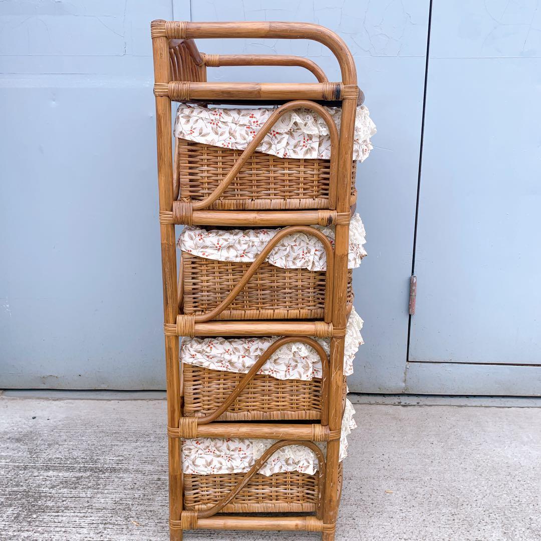 【送料込】ラタン 籐 ヴィンテージ収納 4段チェスト アンティーク家具