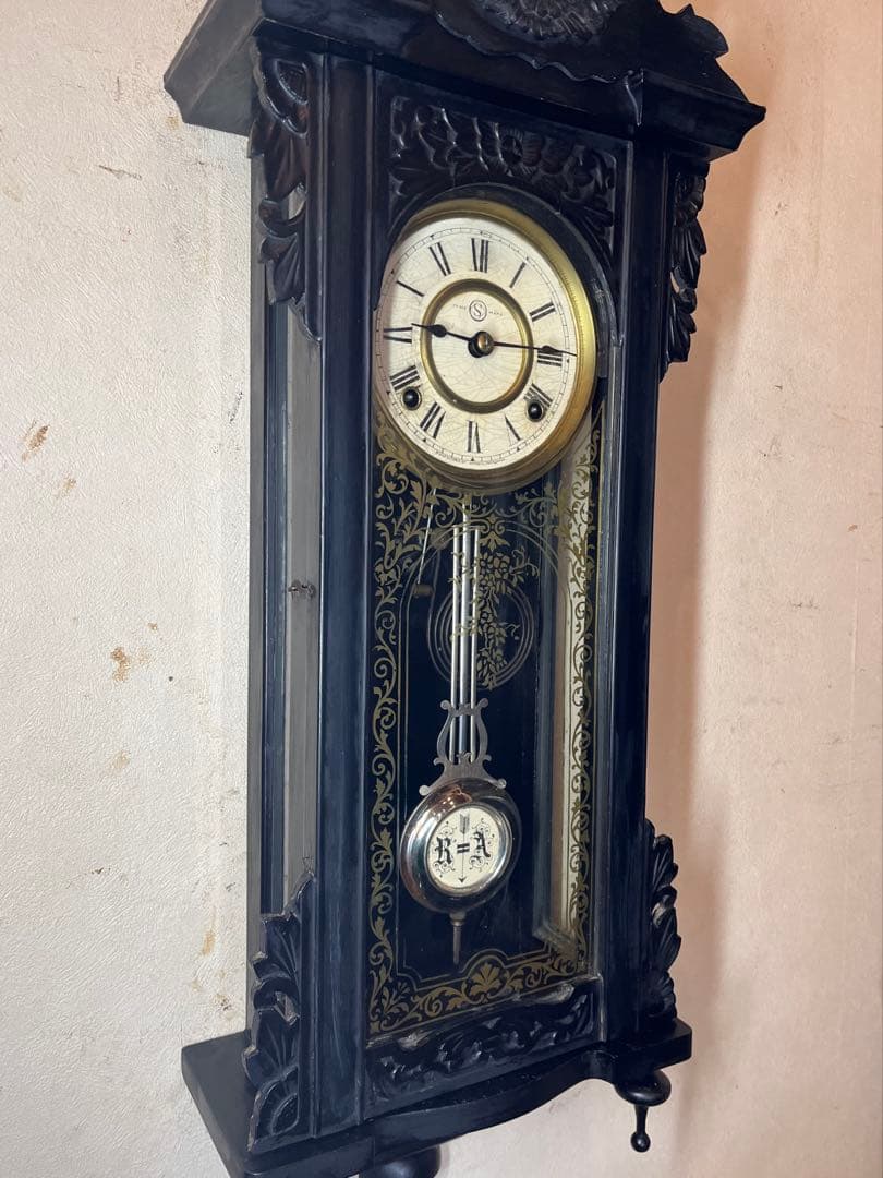 精工舎　黒塗スリゲル　柱時計　古時計　振り子　ゼンマイ　ボンボン　ユンハンス