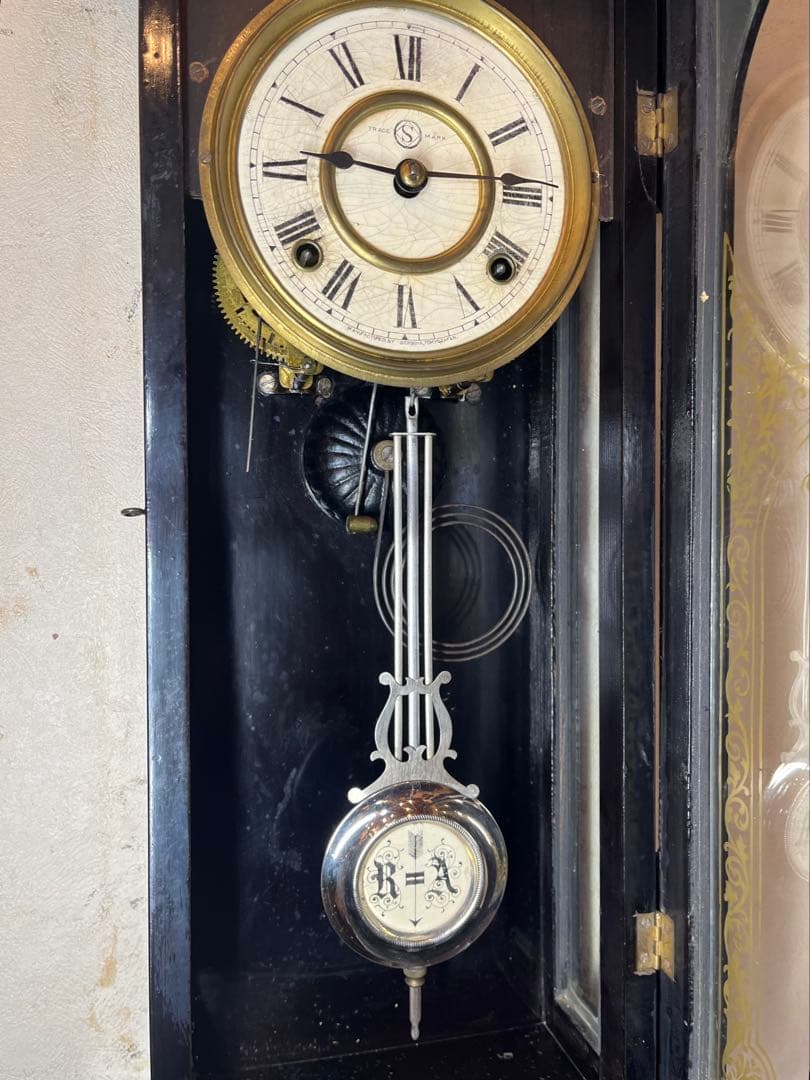 精工舎　黒塗スリゲル　柱時計　古時計　振り子　ゼンマイ　ボンボン　ユンハンス