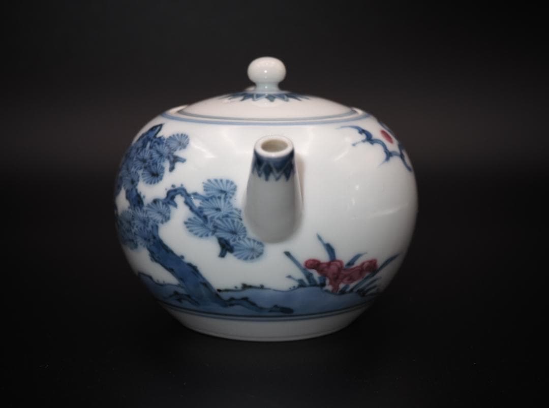 初代三浦竹泉作 青華着色松画 急須 共箱