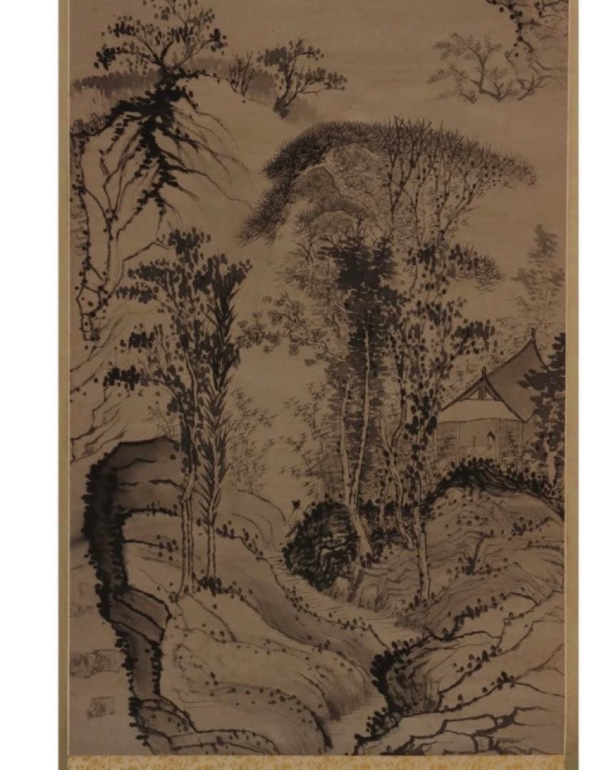 明清画家 石濤 石涛 掛軸(紙本) 水墨 「山水飛瀑図」 砡製画