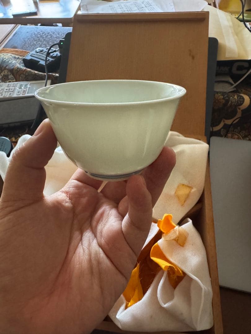 極上品・共箱・五客揃い 白磁 取盃揃／青白磁 喜銘／通透釉肌の極