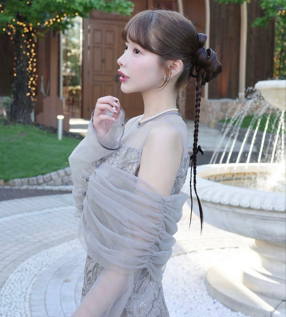 LEJA】チュールオフショルダー花柄Iラインドレスワンピース