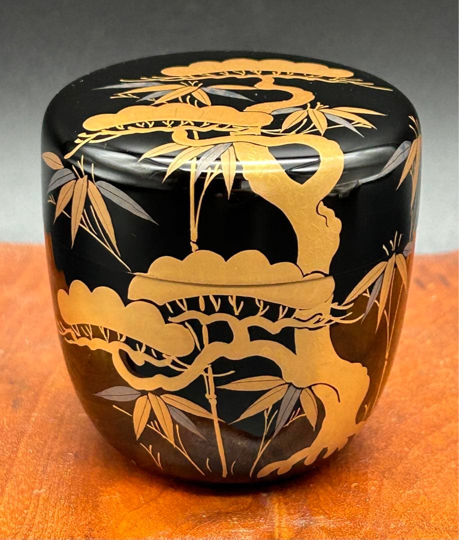 木製　黒塗　平棗　老松蒔絵　金蒔絵　未使用品