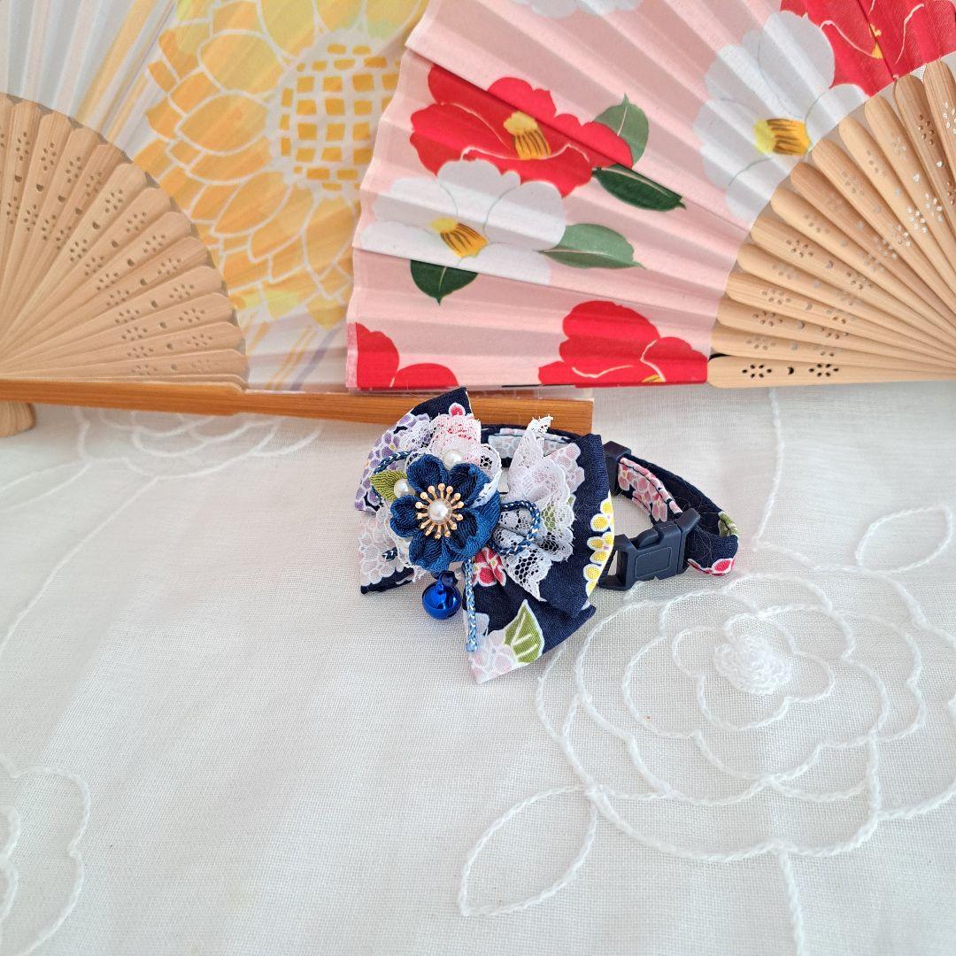 和風ロリータ(藍色)わんちゃん猫ちゃん用襟つき首輪