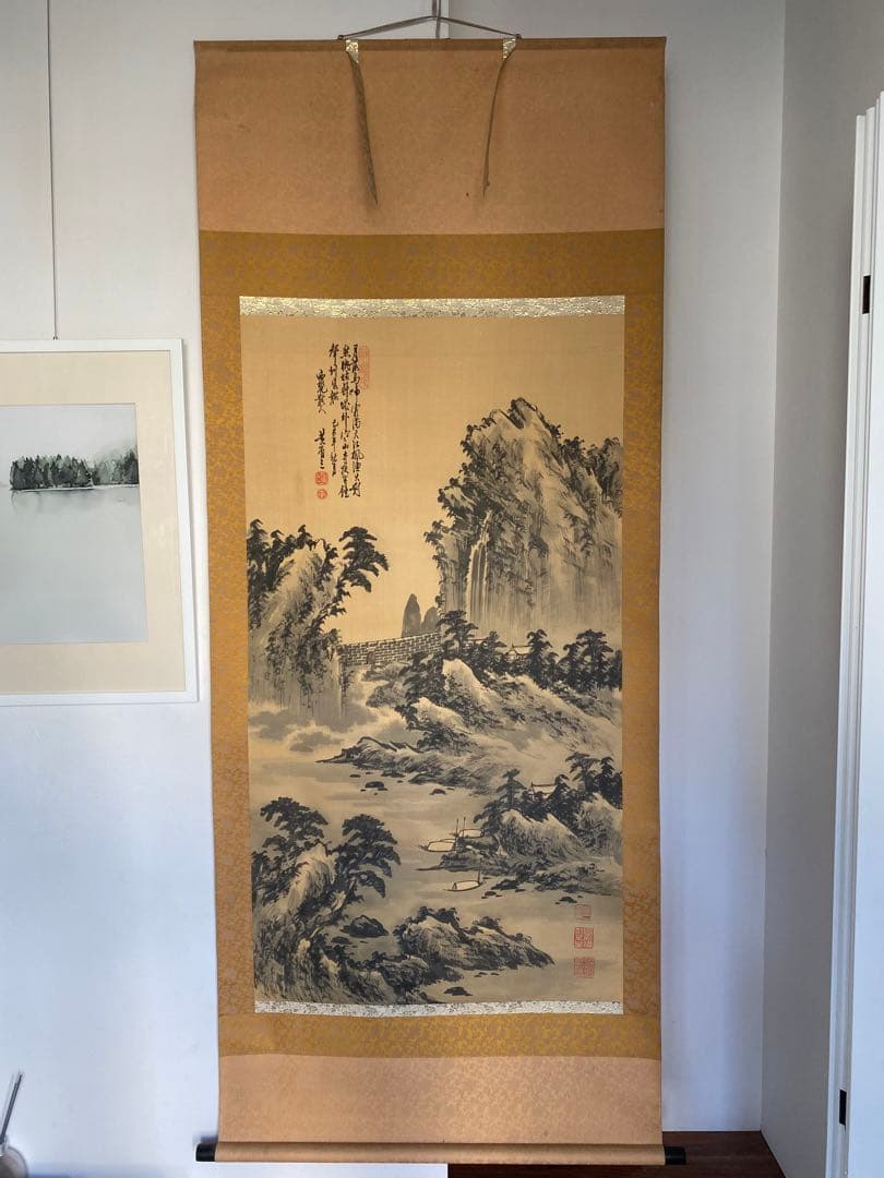 中国書画 民国画家 黄省三 筆 楓橋夜泊図 絹本水墨 山水画賛