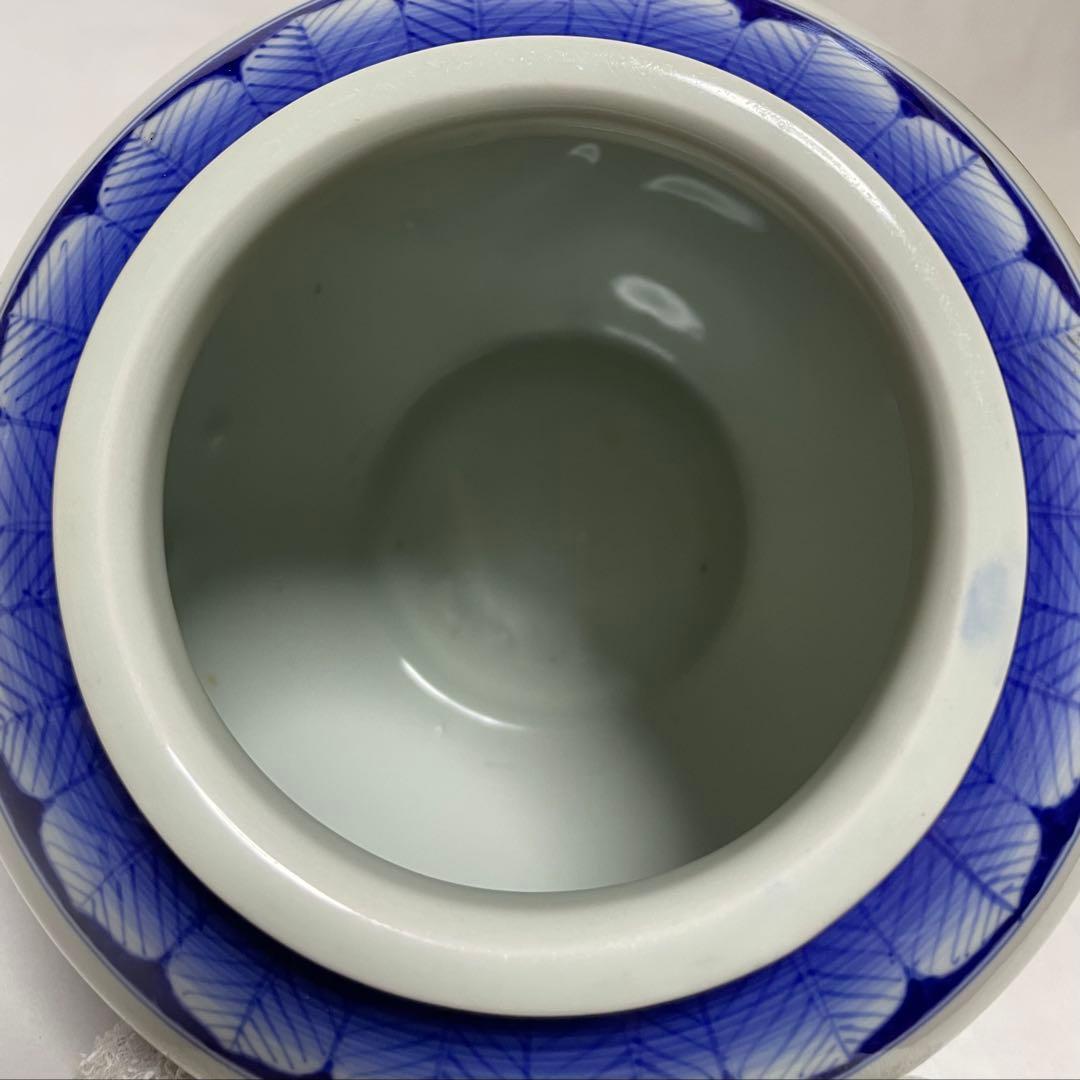陶磁器 花瓶 花器 白地紺色葉模様 レトロ