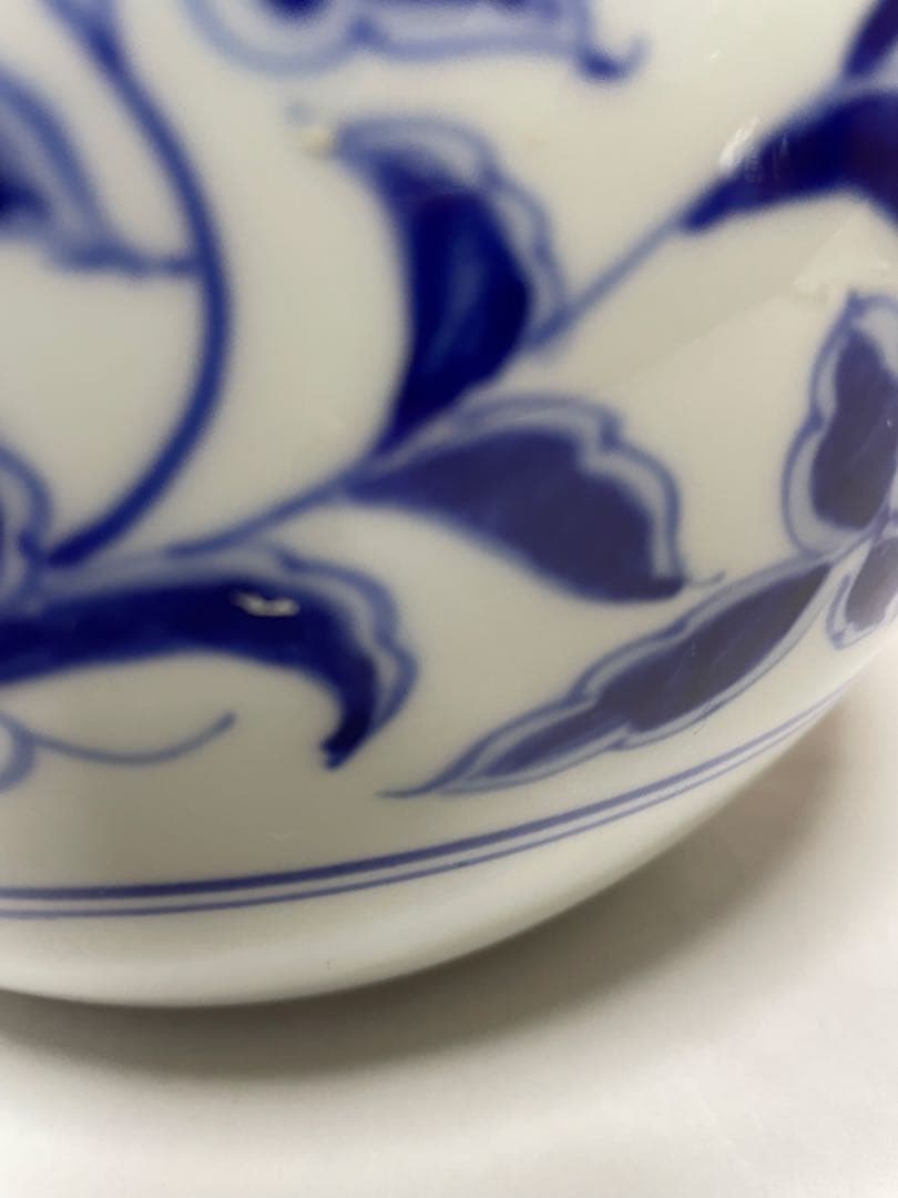 陶磁器 花瓶 花器 白地紺色葉模様 レトロ