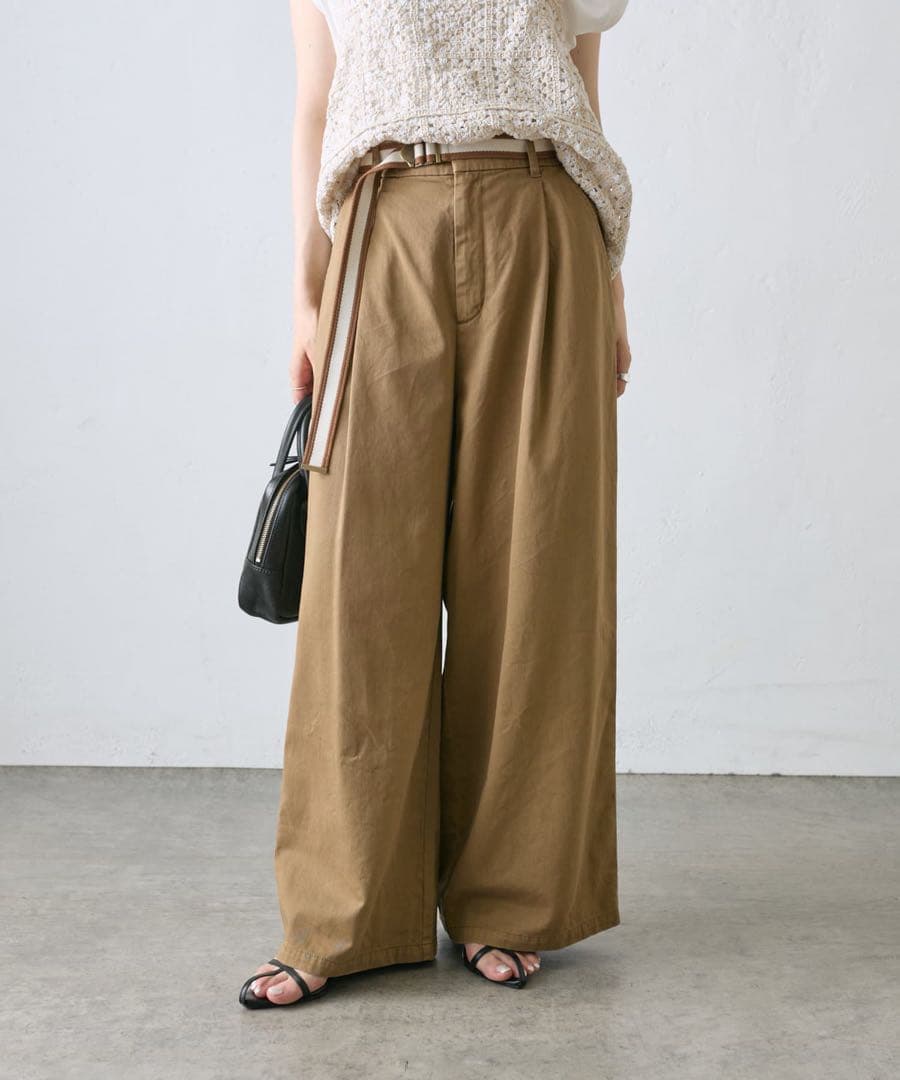 ピュアルセシン　ブラウン ワイドパンツ ベルト付き チノ素材